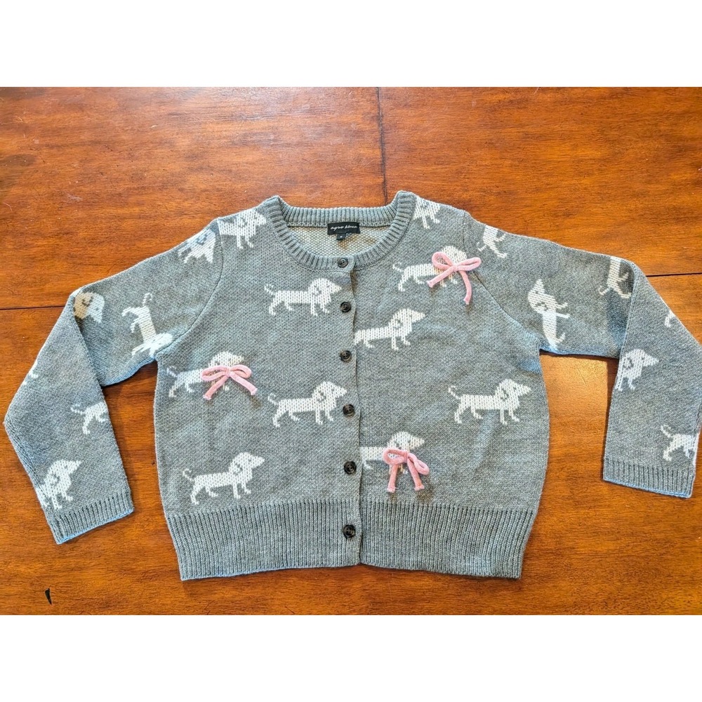 Aqua Blues Grey Cropped Knit Cardigan Sweater Pink Bows Dachshund Dog Junior S